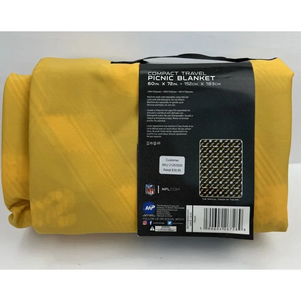 Pittsburgh Steelers Picnic Blanket Black/Gold Team Logo Compact Travel 60x72 NIP